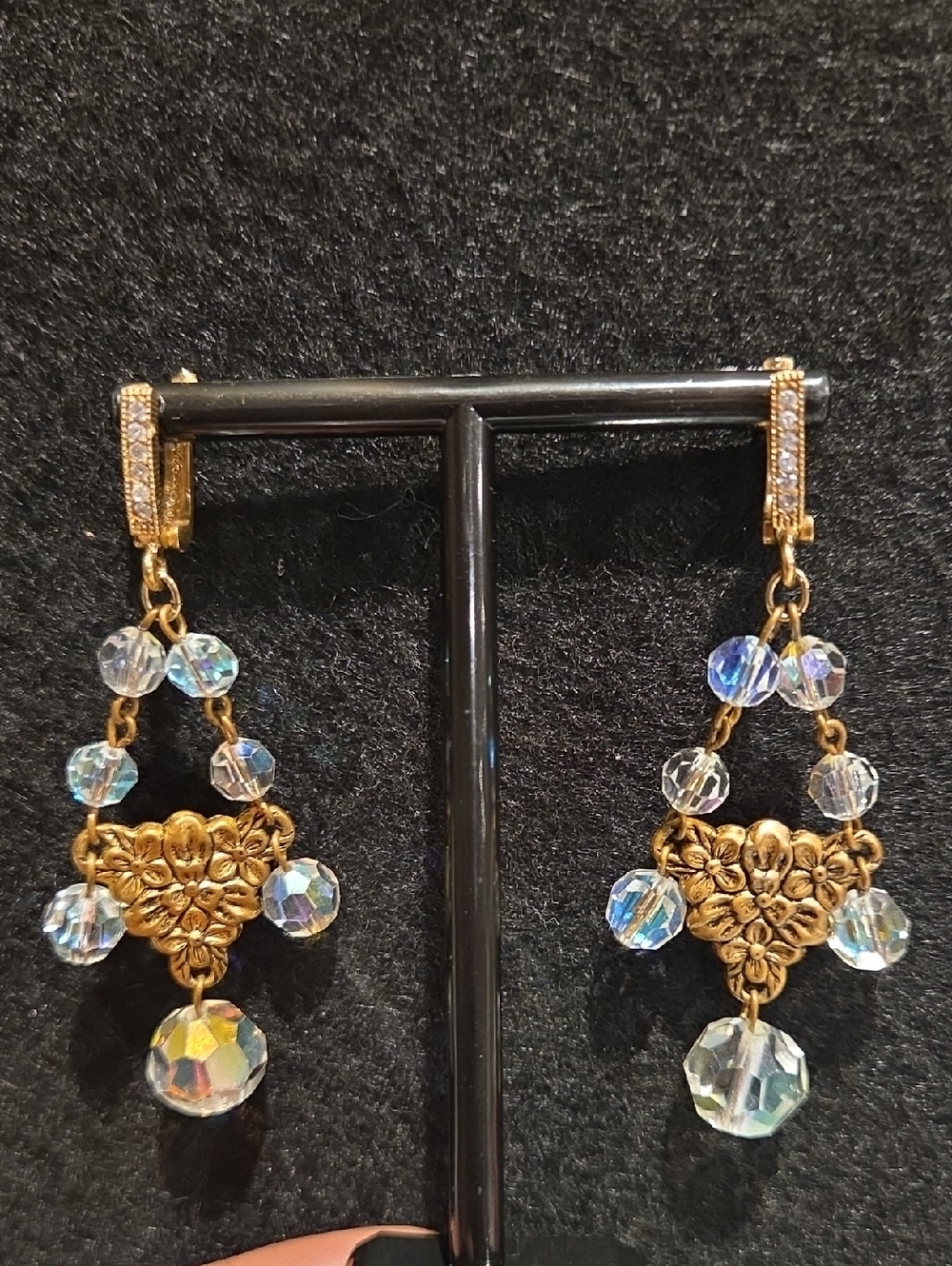 Gold Floral Crystal Drop Earrings - Gold & Iridescent